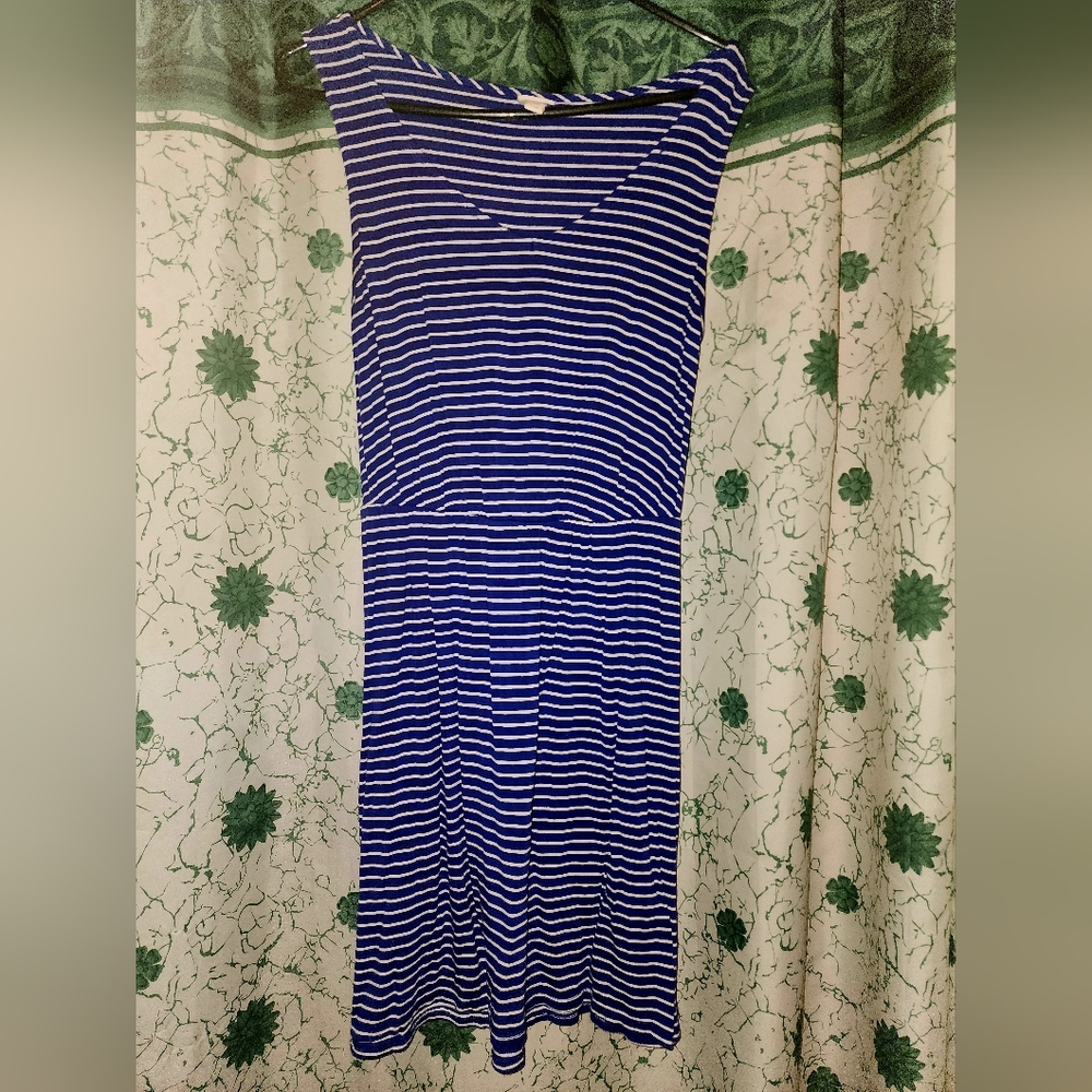 Blue dress with thin white stripes